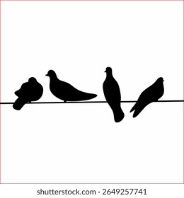 Vector silhouette of a group of pigeons perched on power lines on a white screen background.