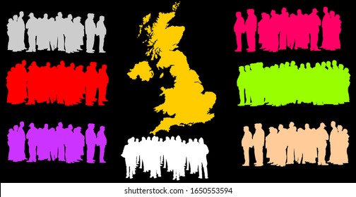 Vector Silhouette Of A Group Of Refugees, Migration Crisis In Europe. War Migration Waves Going Through Schengen Area. United Kingdom Country Vector Map Background. England, Great Britain Refugees.