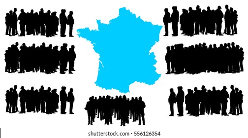 Vector silhouette of a group of refugees, migration crisis in Europe. War migration waves going through Schengen Area. France country vector map background.