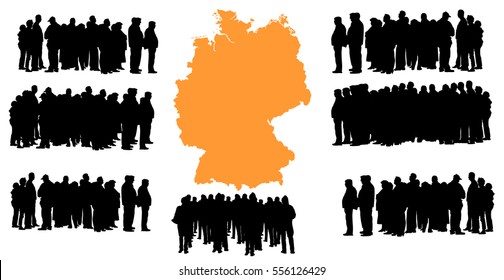 Vector silhouette of a group of refugees, migration crisis in Europe. War migration waves going through Schengen Area. Germany country vector map background.