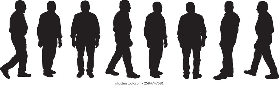 vector; silhouette of group of same man standing and walking