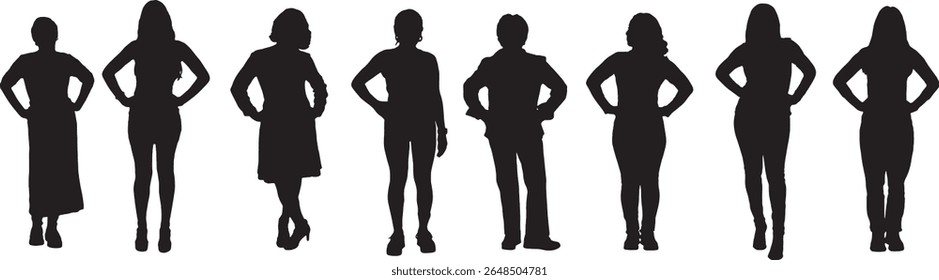 Vector; silhouette of a group of women standing and arms akimbo