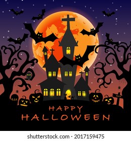 Vector for silhouette Halloween night with cute cartoon of black cat, bat, owl and spider hanging from tree beside cemetery and pumpkin with black castle under candlelight on full moon background.
