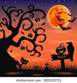 Vector for silhouette Halloween night with demon tree and pumpkin hanging from a tree with cute cartoon of bat, crow, black cat, spider, pumpkin beside cemetery and tombstone on full moon background.