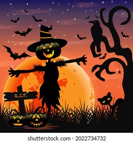 Vector for silhouette Halloween night with a scarecrow and bats flying in the sky and cute cartoon of crow, black cat, spider and pumpkin devil beside cemetery and tombstone on full moon background.