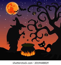 Vector for silhouette Halloween night with a witch is concoct poison by throwing spider into a cauldron on fire with black cat and pumpkin hanging from a tree and bat flying in the sky on full moon.