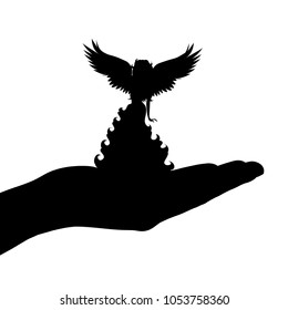 Vector silhouette of hand with angel on white background.