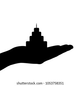 Vector silhouette of hand with birthday cake on white background.