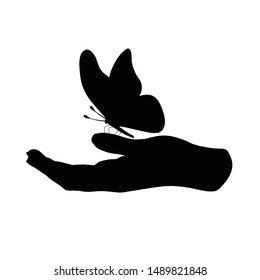 Vector silhouette of hand with butterfly on white background. Symbol of insect, nature,protect, environmental.