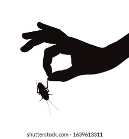 Vector silhouette of hand catch cockroach on white background. Symbol of annoying insect and people.
