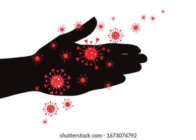 Vector silhouette of hand contaminated with bacteria in contact on white background. Symbol of disease and coronavirus.