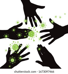 Silueta vectorial de mano contaminada con bacterias en contacto sobre fondo blanco. Símbolo de enfermedad y coronavirus.