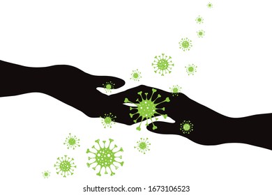 Vector silhouette of hand contaminated with bacteria in contact on white background. Symbol of disease and coronavirus.