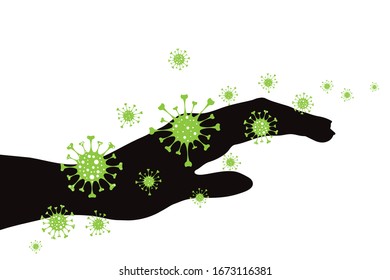 Vector silhouette of hand contaminated with bacteria on white background. Symbol of disease and coronavirus.