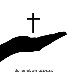 Vector silhouette of a hand with cross on a white background.