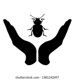 Vector silhouette of a hand in a defensive gesture protecting a beatle. Symbol of animal, insect, nature, humanity, care, protection.