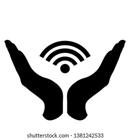 Vector silhouette of a hand in a defensive gesture protecting a wifi. Symbol of internet, connectin,network,protection,
