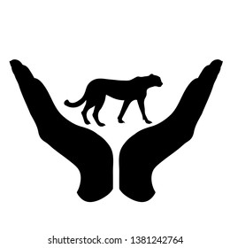 Vector silhouette of a hand in a defensive gesture protecting a cheetah. Symbol of animal, wild,africa, nature, humanity, care, protection, veterinary.