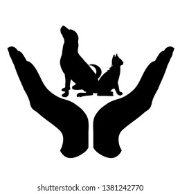 Vector silhouette of a hand in a defensive gesture protecting a cat and dog. Symbol of animal, pet, nature, humanity, care, protection, veterinary.