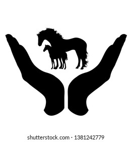 Vector silhouette of a hand in a defensive gesture protecting a horse with foal. Symbol of animal, farm, humanity, care, protection, veterinary.