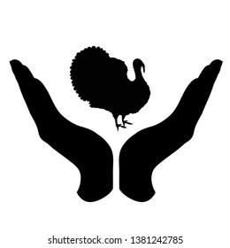 Vector silhouette of a hand in a defensive gesture protecting a turkey. Symbol of animal, farm, poultry, humanity, care, protection.
