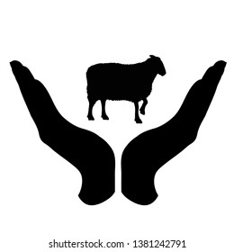 Vector silhouette of a hand in a defensive gesture protecting a sheep. Symbol of animal, farm, cattle, humanity, care, protection, veterinary.
