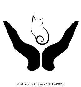 Vector silhouette of a hand in a defensive gesture protecting a cat. Symbol of animal, pet, nature, humanity, care, protection, veterinary.
