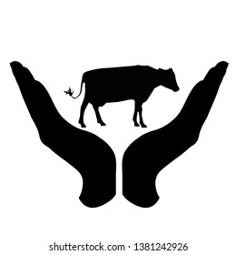 Vector silhouette of a hand in a defensive gesture protecting a cow. Symbol of animal, farm, cattle, humanity, care, protection, veterinary.