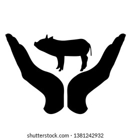 Vector silhouette of a hand in a defensive gesture protecting a pig. Symbol of animal, farm, cattle, humanity, care, protection, veterinary.