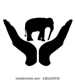 Vector silhouette of a hand in a defensive gesture protecting a elephant. Symbol of animal, wild,africa, nature, humanity, care, protection, veterinary.