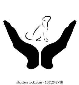 Vector silhouette of a hand in a defensive gesture protecting a dog. Symbol of animal, pet, nature, humanity, care, protection, veterinary.