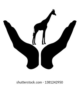 Vector silhouette of a hand in a defensive gesture protecting a giraffe. Symbol of animal, wild,africa, nature, humanity, care, protection, veterinary.