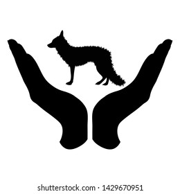 Vector silhouette of a hand in a defensive gesture protecting a fox. Symbol of animal, wild,forest, nature, humanity, care, protection.