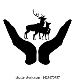 Vector silhouette of a hand in a defensive gesture protecting a deer, hind and baby hind. Symbol of animal, wild,forest, nature, humanity, care, protection.