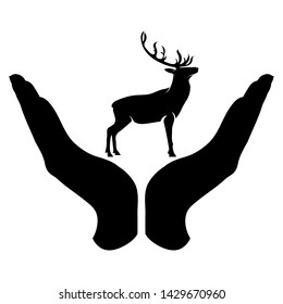 Vector silhouette of a hand in a defensive gesture protecting a deer. Symbol of animal, wild,forest, nature, humanity, care, protection.