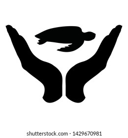 Vector silhouette of a hand in a defensive gesture protecting a turtle. Symbol of animal, wild, nature, humanity, care, protection.