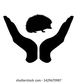 Vector silhouette of a hand in a defensive gesture protecting a hedgehog. Symbol of animal, wild,forest, nature, humanity, care, protection.