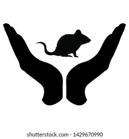 Vector silhouette of a hand in a defensive gesture protecting a mouse. Symbol of animal, wild,rat, rodent,nature, humanity, care, protection.