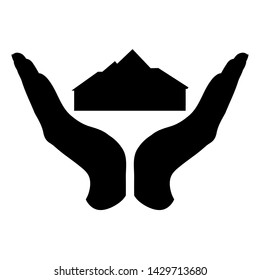 Vector silhouette of a hand in a defensive gesture protecting a house. Symbol of insurance, home,real estate, protection,