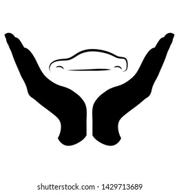 Vector silhouette of a hand in a defensive gesture protecting a car. Symbol of insurance, transportation, protection,