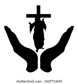 Vector silhouette of a hand in a defensive gesture protecting a God with cross. Symbol of religion,Christianity, protection,faith,