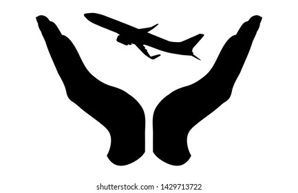 Vector silhouette of a hand in a defensive gesture protecting a aircraft. Symbol of insurance, transportation, protection,