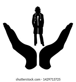 Vector silhouette of a hand in a defensive gesture protecting a doctor. Symbol of insurance, hospital,healthy, protection,