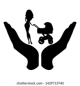 Vector silhouette of a hand in a defensive gesture protecting a family. Symbol of insurance, mother, baby, protection,