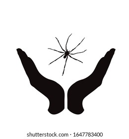 Vektorillustration Silhouette einer Hand in einer defensiven Geste Schutz einer Spinne. Symbol der Pflege von Insekt und Natur.