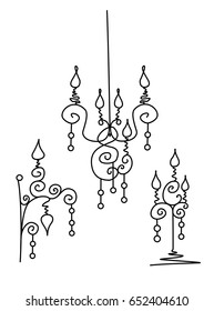 Vector silhouette of hand drawn classy chandelier, floor lamp and wall lamp set in black color on white background, isolated cartoon painted illustration, high quality