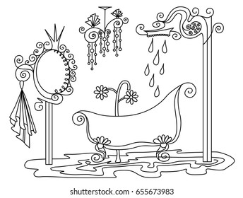 Vector silhouette of hand drawn classy bathroom with chandelier, mirror, bath and shower in black color on white background, isolated cartoon furniture room painted illustration, high quality