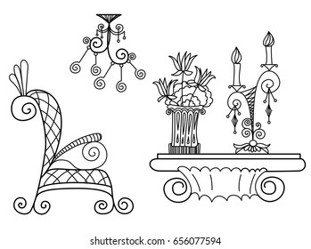 Vector silhouette of hand drawn classy set of soft chair with table, plant in vase and vintage chandelier on white background, isolated cartoon furniture painted illustration, high quality