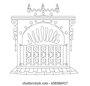 Vector silhouette of hand drawn classy table lamp and vintage fireplace set in black color on white background, isolated cartoon painted illustration of furniture for living room, high quality