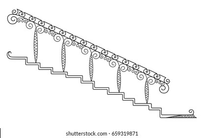 Vector silhouette of hand drawn classy stairs with curvy vintage details on white background, isolated cartoon painted illustration of furniture, high quality